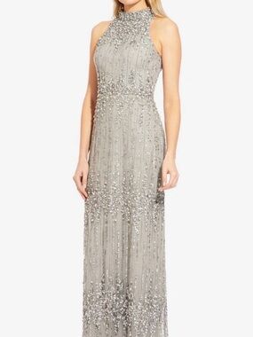 Adrianna Papell Silver Beaded High-Neck Gown 14